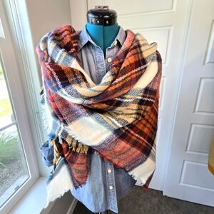 STEVE MADDEN OVERSIZE BLANKET SCARF SHAWL WRAP RUST CREAM GOLD FRINGE WOMEN OS
